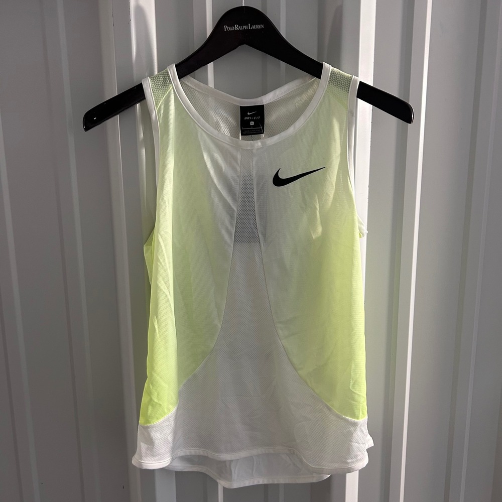 Nike Breathe Women Running Tank Top Slim Fit Neon Yellow White Dri-FIT Large NWT